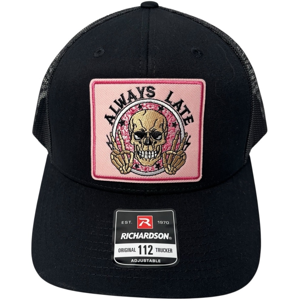 New Richardson Black Women’s Trucker Hat with Pink Skull Design Humor
